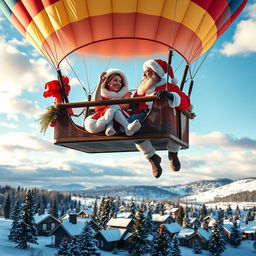 A joyful couple dressed as Santa Claus, enjoying a romantic ride in a colorful hot air balloon high above a picturesque winter landscape