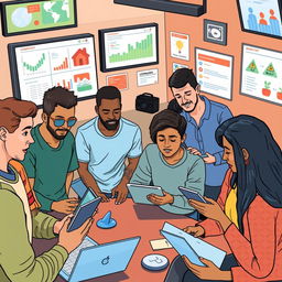 An illustrative scene showing a digital participatory monitoring community, highlighting individuals engaged in using technology to observe and report community issues