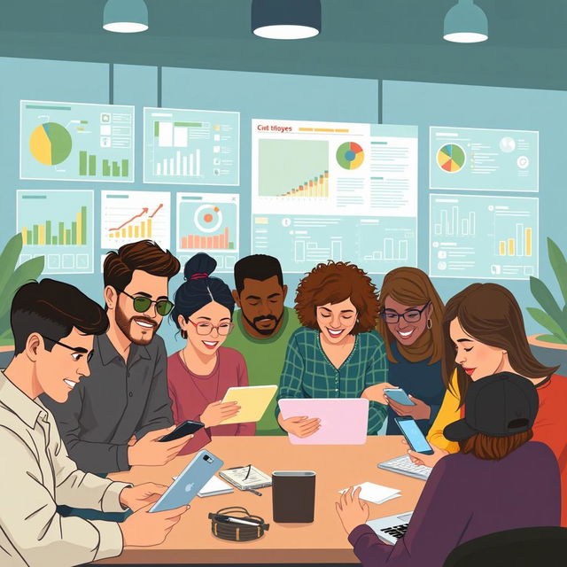 An illustrative scene showing a digital participatory monitoring community, highlighting individuals engaged in using technology to observe and report community issues