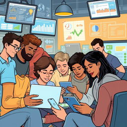 An illustrative scene showing a digital participatory monitoring community, highlighting individuals engaged in using technology to observe and report community issues