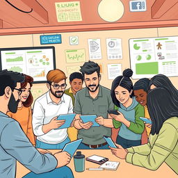 An illustrative scene showing a digital participatory monitoring community, highlighting individuals engaged in using technology to observe and report community issues