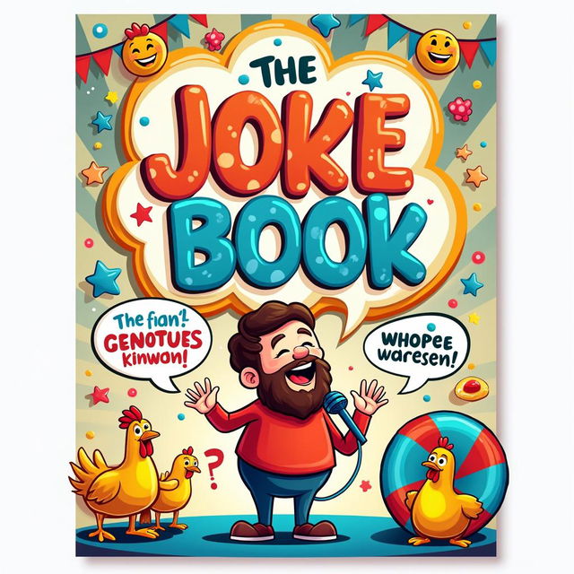 A playful and eye-catching cover design for a joke book, featuring a colorful and whimsical layout