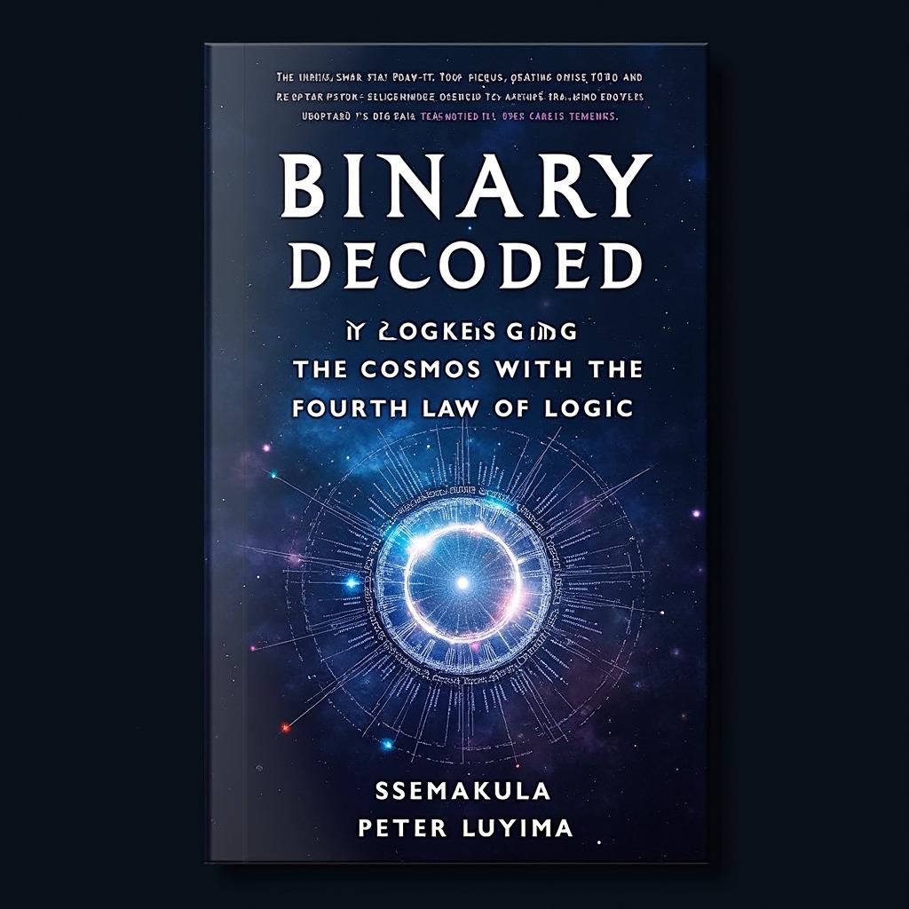 A captivating book cover design for "Binary Decoded: Unlocking the Cosmos with the Fourth Law of Logic" by Ssemakula Peter Luyima
