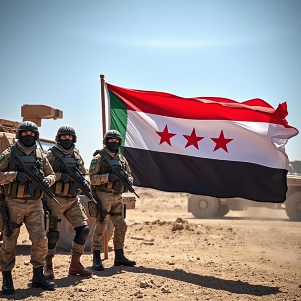 A captivating scene featuring the Yemeni flag prominently displayed next to several armored soldiers