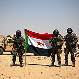 A captivating scene featuring the Yemeni flag prominently displayed next to several armored soldiers