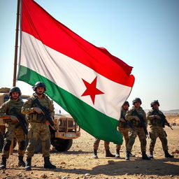 A captivating scene featuring the Yemeni flag prominently displayed next to several armored soldiers