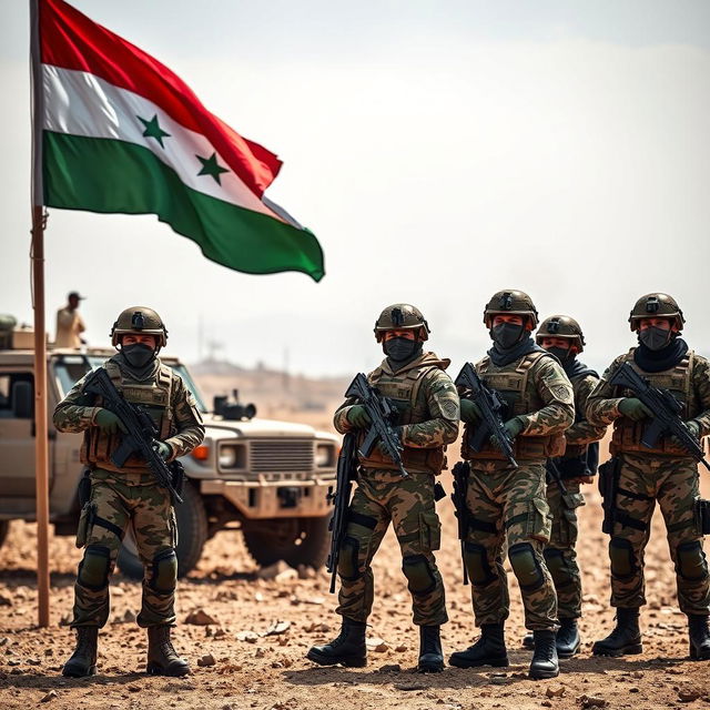 A captivating scene featuring the Yemeni flag prominently displayed next to several armored soldiers