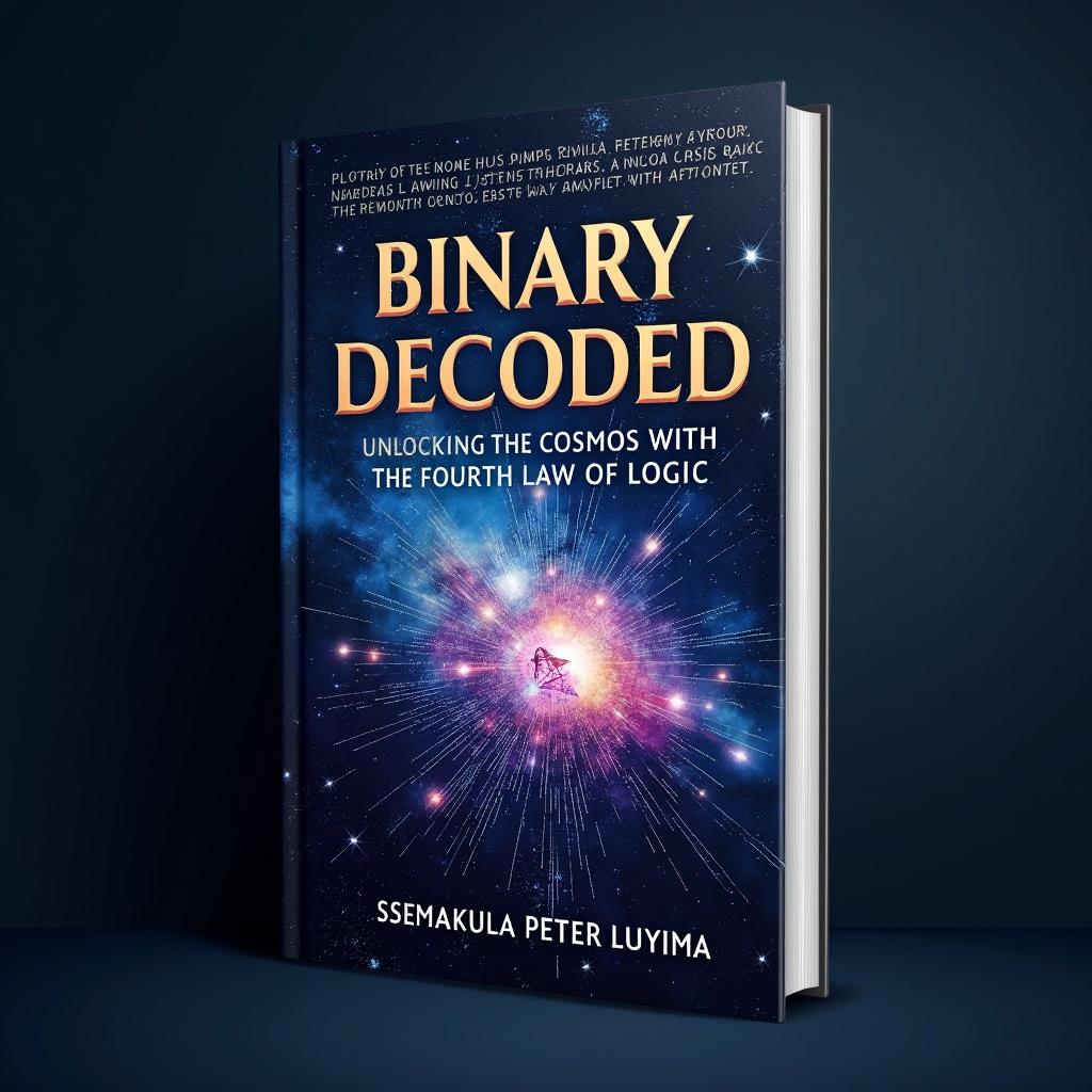 An innovative book cover design for "Binary Decoded: Unlocking the Cosmos with the Fourth Law of Logic" by Ssemakula Peter Luyima
