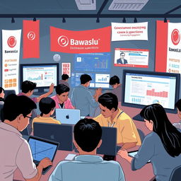 An engaging and dynamic scene illustrating a digital society under the supervision of Bawaslu (Indonesian Election Supervisory Body)