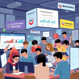 An engaging and dynamic scene illustrating a digital society under the supervision of Bawaslu (Indonesian Election Supervisory Body)