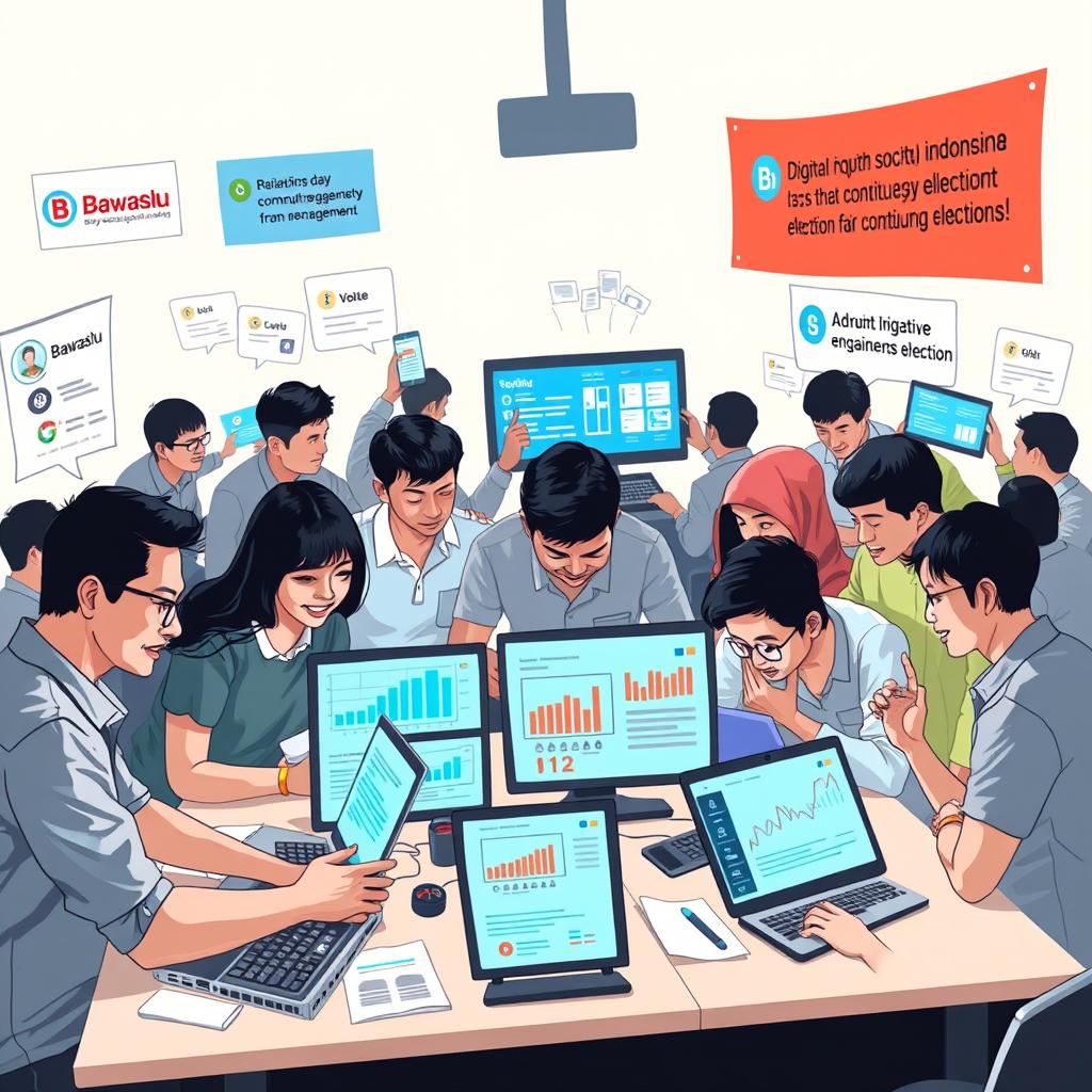 An engaging and dynamic scene illustrating a digital society under the supervision of Bawaslu (Indonesian Election Supervisory Body)