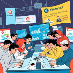 An engaging and dynamic scene illustrating a digital society under the supervision of Bawaslu (Indonesian Election Supervisory Body)