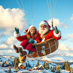 A joyful couple dressed as Santa Claus, flying together in a vibrant hot air balloon