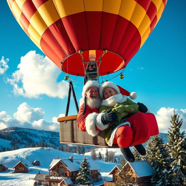 A joyful couple dressed as Santa Claus, flying together in a vibrant hot air balloon