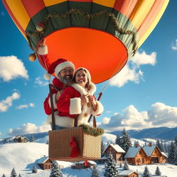 A joyful couple dressed as Santa Claus, flying together in a vibrant hot air balloon