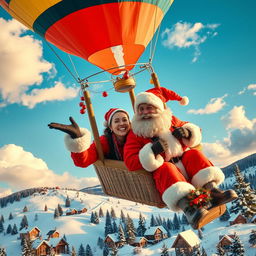 A joyful couple dressed as Santa Claus, flying together in a vibrant hot air balloon