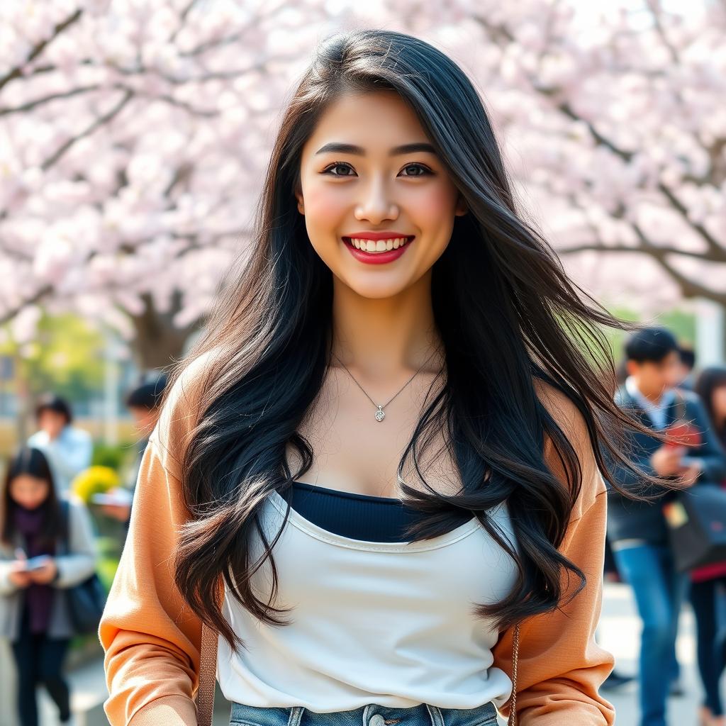 A beautiful South Korean university student with large, rounded breasts, exuding charm and confidence