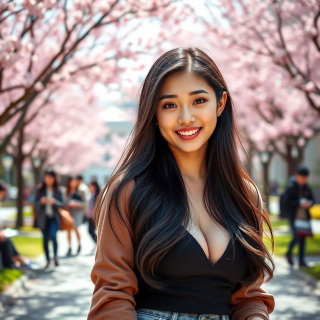 A beautiful South Korean university student with large, rounded breasts, exuding charm and confidence