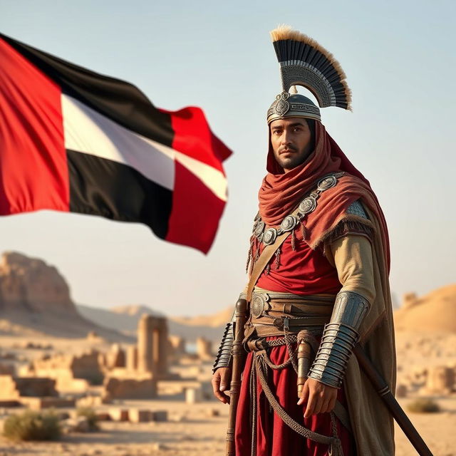 An ancient Yemeni soldier wearing traditional warrior attire, standing proudly next to the national flag of Yemen, which features horizontal stripes of red, white, and black