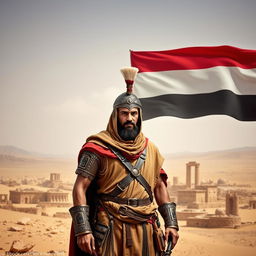 An ancient Yemeni soldier wearing traditional warrior attire, standing proudly next to the national flag of Yemen, which features horizontal stripes of red, white, and black