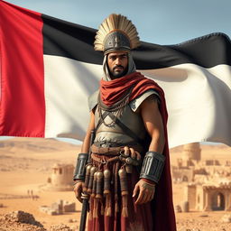 An ancient Yemeni soldier wearing traditional warrior attire, standing proudly next to the national flag of Yemen, which features horizontal stripes of red, white, and black