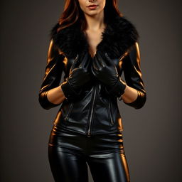 A woman wearing a tight, shiny black leather jacket with a fur collar, black leather gloves, and black leather leggings