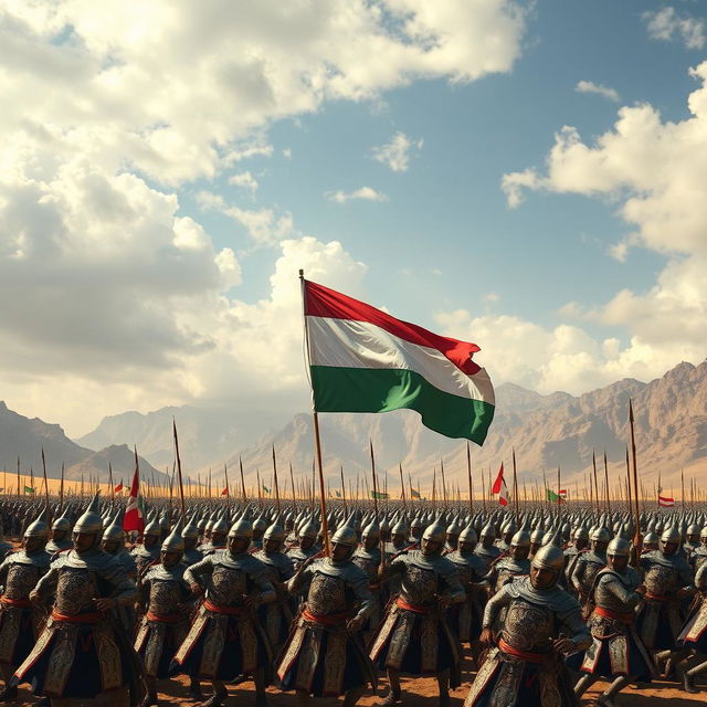 A grand scene depicting an ancient battlefield with 10,000 soldiers, each wearing intricate, ornate armor and carrying historically accurate weapons