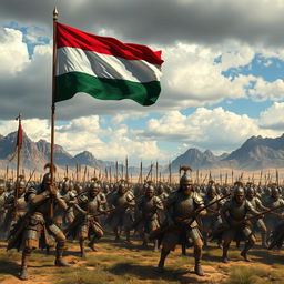 A grand scene depicting an ancient battlefield with 10,000 soldiers, each wearing intricate, ornate armor and carrying historically accurate weapons