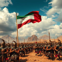 A grand scene depicting an ancient battlefield with 10,000 soldiers, each wearing intricate, ornate armor and carrying historically accurate weapons