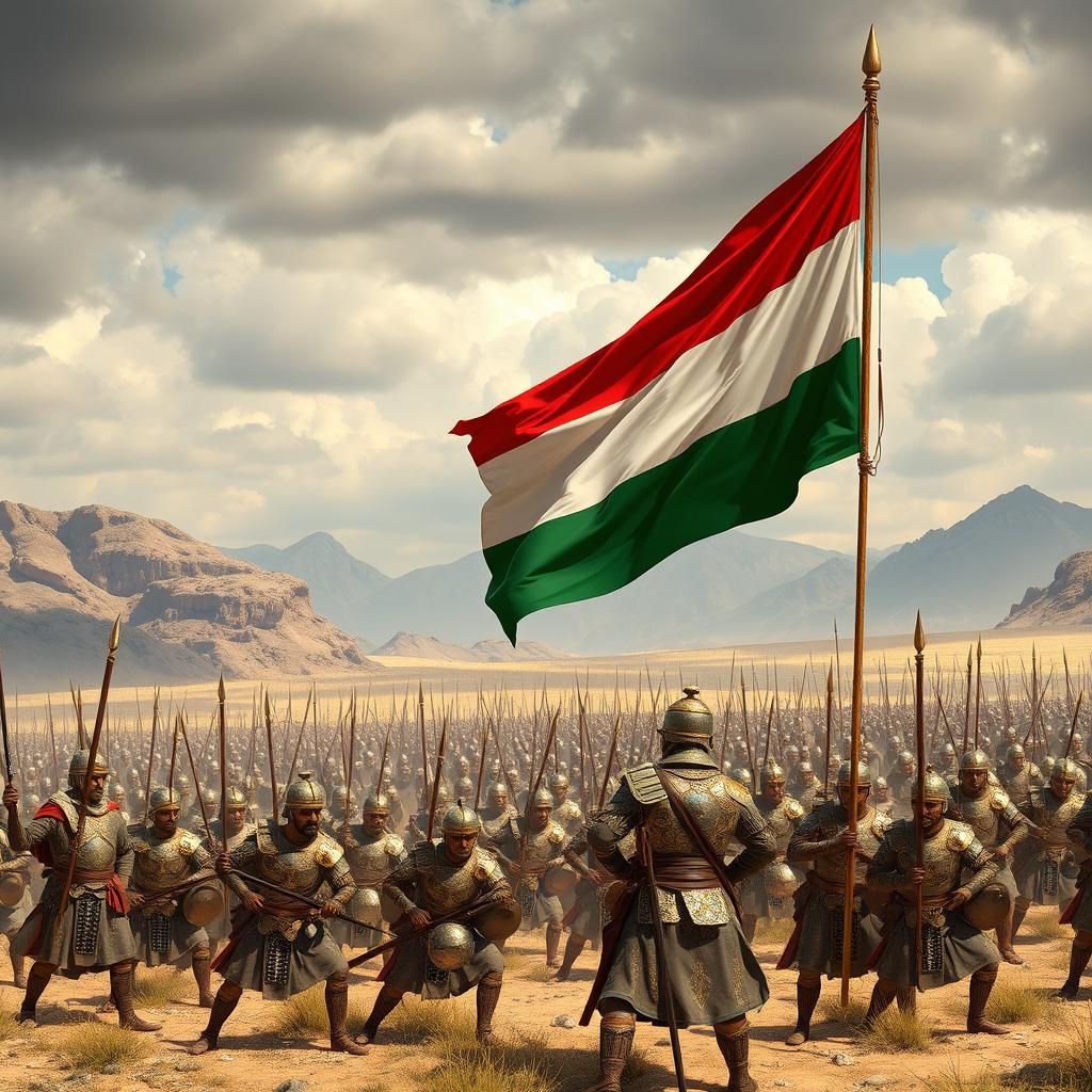 A grand scene depicting an ancient battlefield with 10,000 soldiers, each wearing intricate, ornate armor and carrying historically accurate weapons