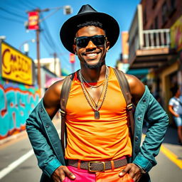 A confident and stylish black gay man standing on a vibrant city street, wearing a trendy outfit with bold colors, accessorized with a fashionable hat and sunglasses