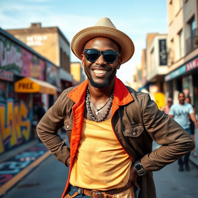 A confident and stylish black gay man standing on a vibrant city street, wearing a trendy outfit with bold colors, accessorized with a fashionable hat and sunglasses