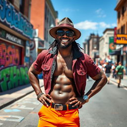 A confident and stylish black gay man standing on a vibrant city street, wearing a trendy outfit with bold colors, accessorized with a fashionable hat and sunglasses
