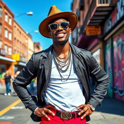 A confident and stylish black gay man standing on a vibrant city street, wearing a trendy outfit with bold colors, accessorized with a fashionable hat and sunglasses