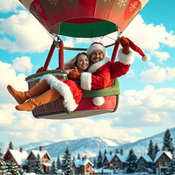 A charming couple dressed as Santa Claus, joyfully floating together in a colorful hot air balloon