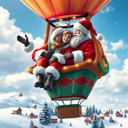 A charming couple dressed as Santa Claus, joyfully floating together in a colorful hot air balloon
