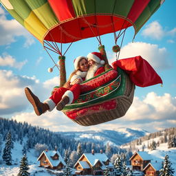 A charming couple dressed as Santa Claus, joyfully floating together in a colorful hot air balloon