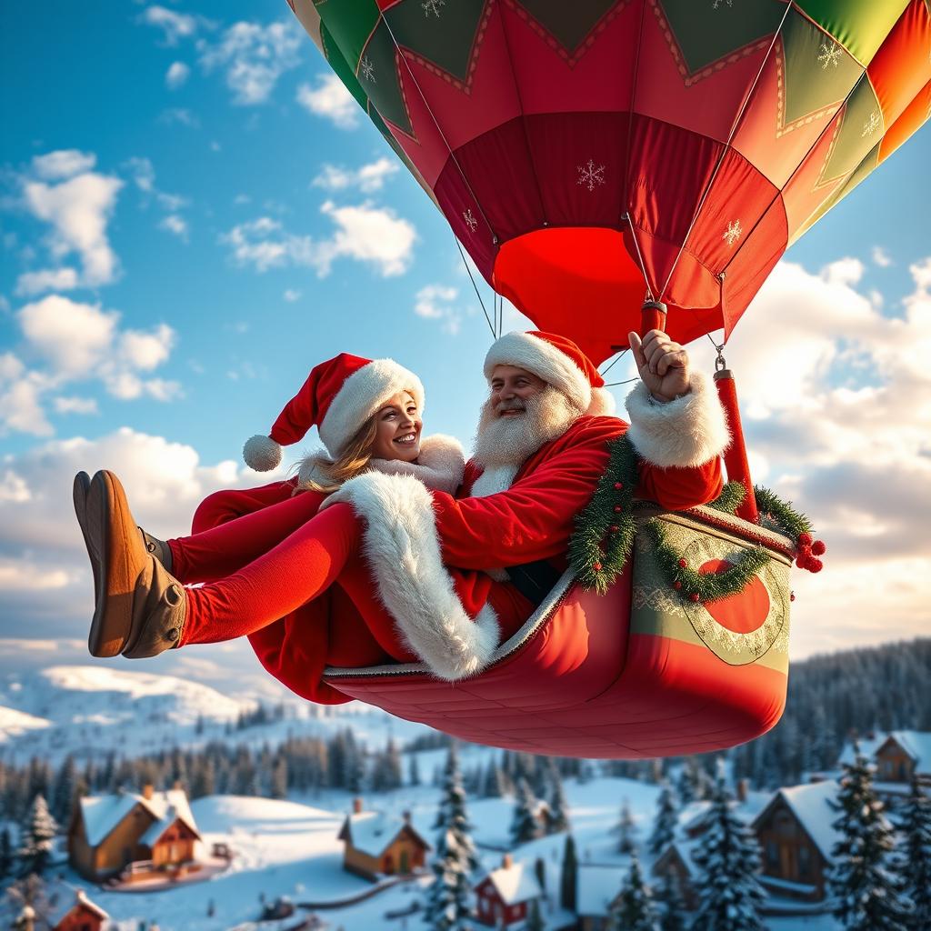 A charming couple dressed as Santa Claus, joyfully floating together in a colorful hot air balloon