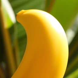 A vibrant and realistic close-up of a ripe banana, showcasing its smooth yellow skin with a slight sheen, set against a soft, blurred background of tropical foliage