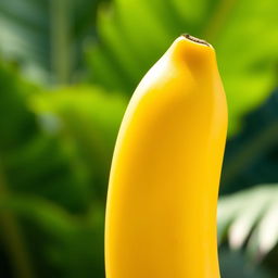 A vibrant and realistic close-up of a ripe banana, showcasing its smooth yellow skin with a slight sheen, set against a soft, blurred background of tropical foliage