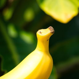 A vibrant and realistic close-up of a ripe banana, showcasing its smooth yellow skin with a slight sheen, set against a soft, blurred background of tropical foliage