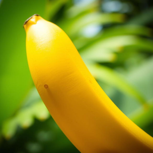 A vibrant and realistic close-up of a ripe banana, showcasing its smooth yellow skin with a slight sheen, set against a soft, blurred background of tropical foliage