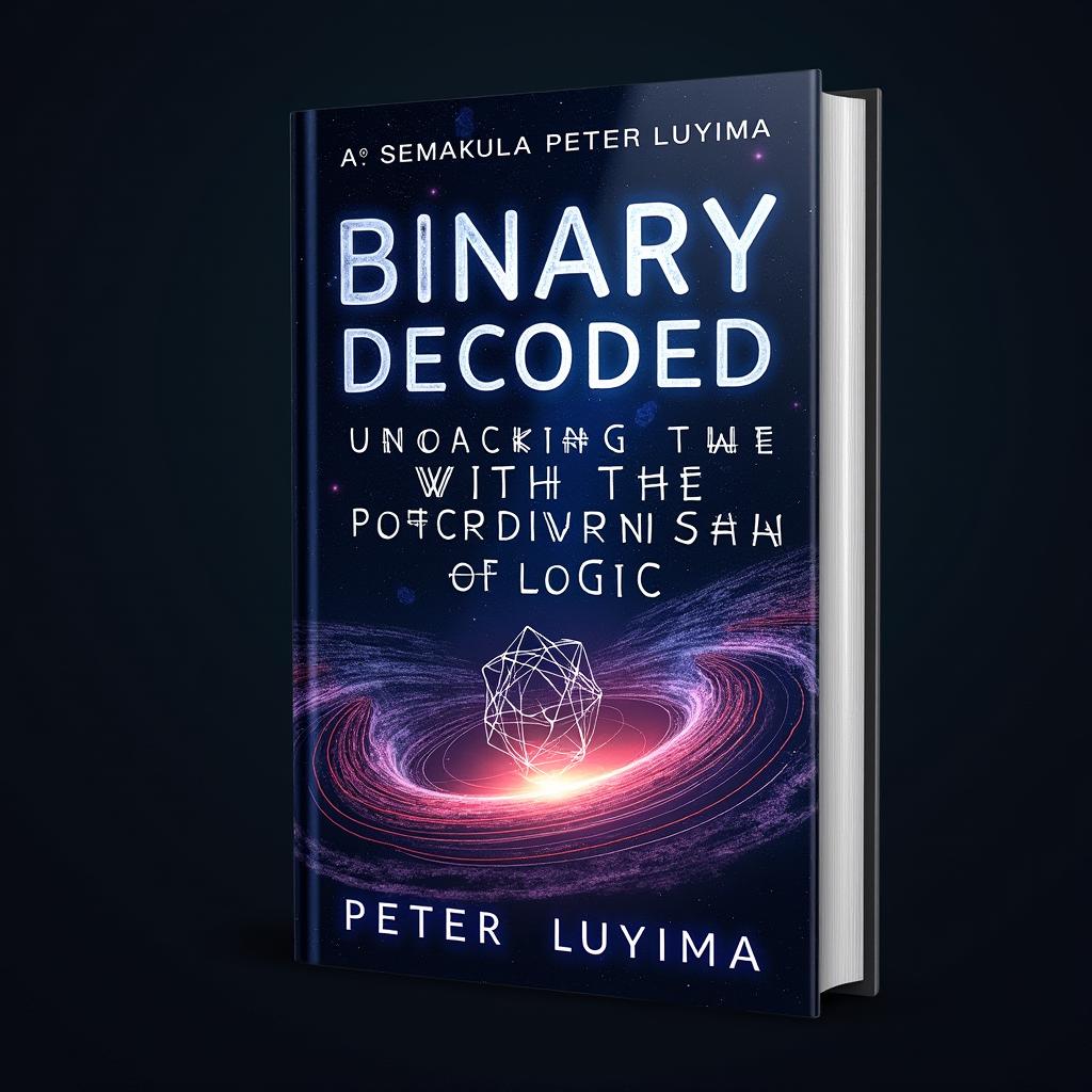An eye-catching book cover design for "Binary Decoded: Unlocking the Cosmos with the Fourth Law of Logic" by Ssemakula Peter Luyima