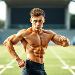 A combination image featuring the body of a muscular male athlete posed dynamically, showcasing strength and athleticism, wearing a fitted sports outfit