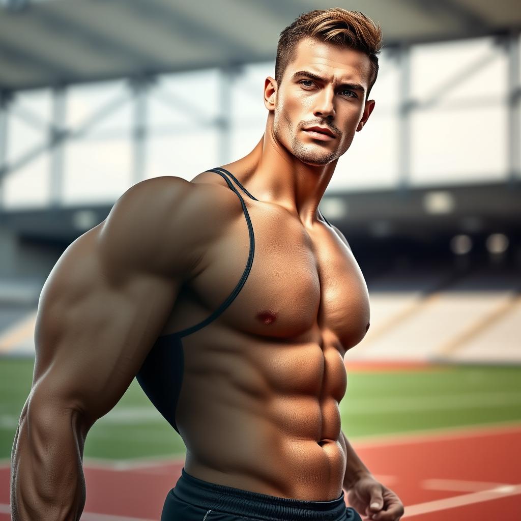 A combination image featuring the body of a muscular male athlete posed dynamically, showcasing strength and athleticism, wearing a fitted sports outfit