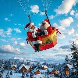 A delightful couple dressed as Santa Claus, floating happily in a colorful hot air balloon