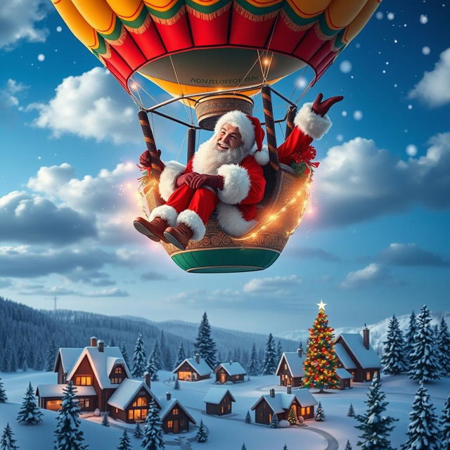 A delightful couple dressed as Santa Claus, floating happily in a colorful hot air balloon