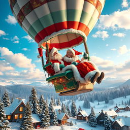 A delightful couple dressed as Santa Claus, floating happily in a colorful hot air balloon