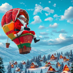 A delightful couple dressed as Santa Claus, floating happily in a colorful hot air balloon