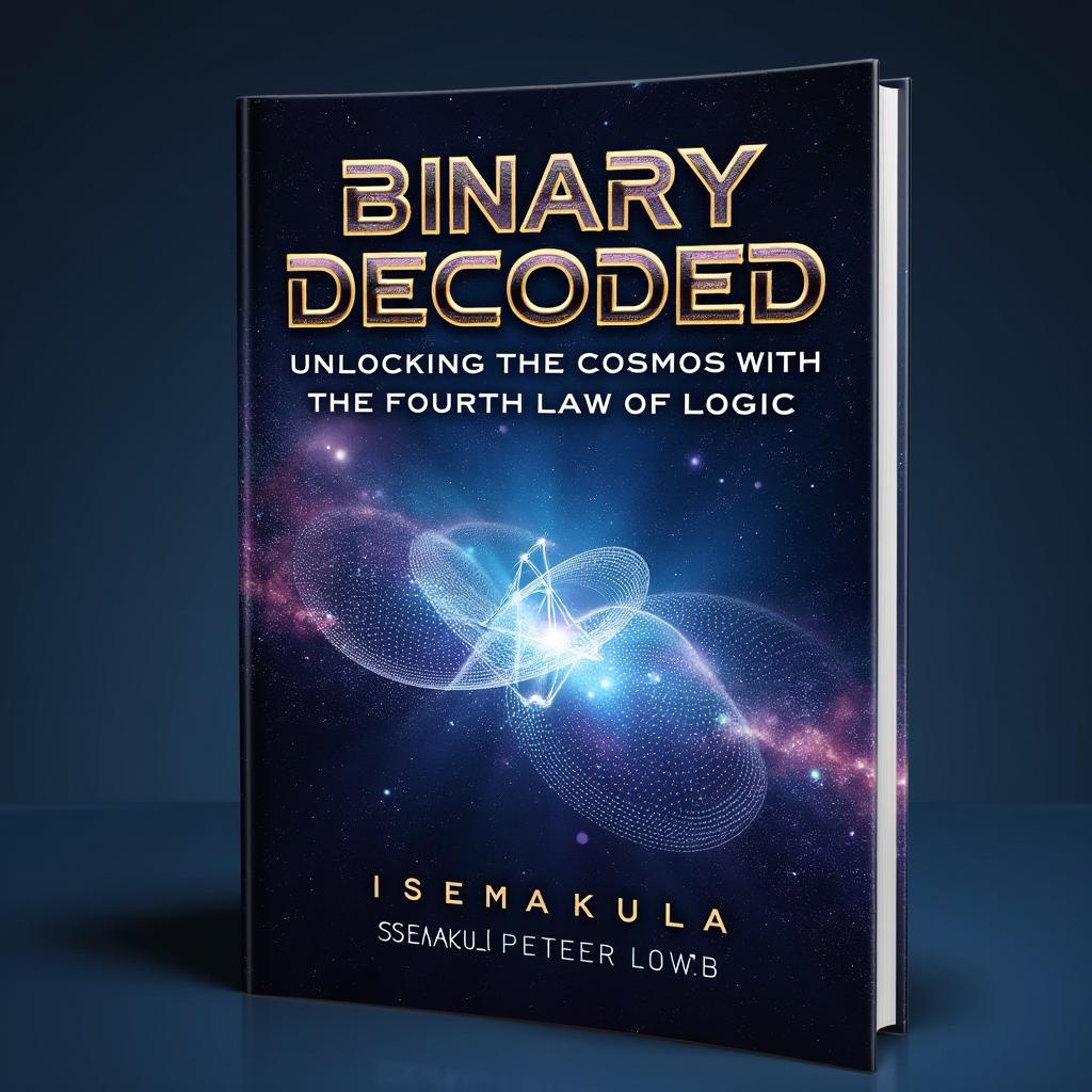 A stunning book cover design for "Binary Decoded: Unlocking the Cosmos with the Fourth Law of Logic" by Ssemakula Peter Luyima
